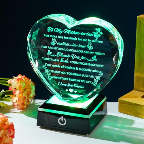 Mother-in-Law Birthday Gift with Colorful LED Base - Style 1 + LED - Heart Crystal Keepsake