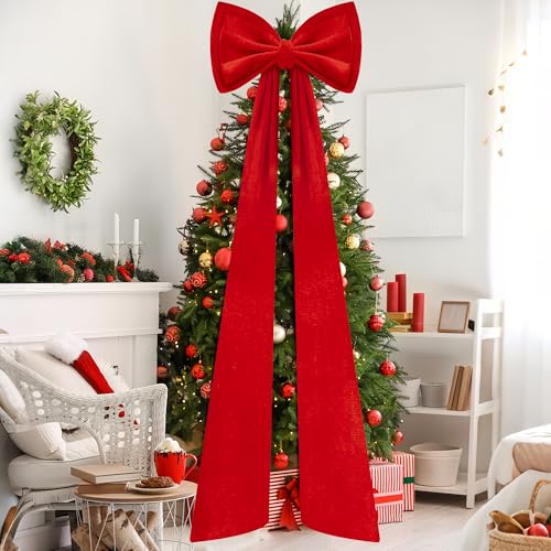 Iceyyyy 59-Inch Red Velvet Christmas Tree Topper Double-Layer Bow - Large Holiday Decor