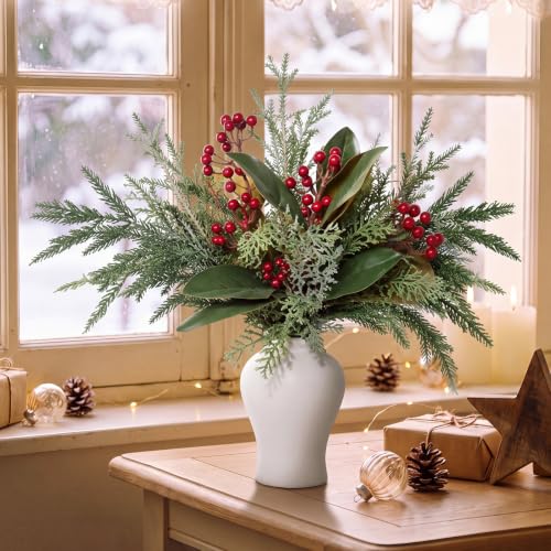 Magnolia Berry Christmas Table Centerpiece - Artificial Holiday Decor for Small Spaces
