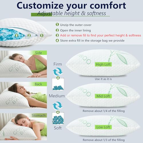 Queen Size Cooling Memory Foam Pillows Set of 2 - Adjustable Firm Bamboo