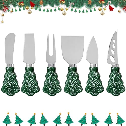 Guojanfon 6-Piece Christmas Tree Cheese Knife Set with Snowflake Handles - Holiday Charcuterie Accessories