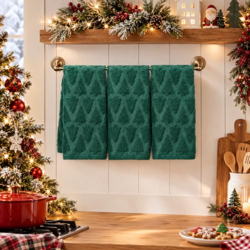 Hahafelt Christmas Tree Hand Towels Set - Dark Green, 3pcs, Cotton Bathroom Decor