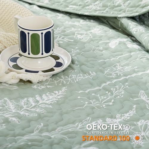 JANZAA Sage Green Queen Quilt Set - 3-Piece Lightweight Floral Bedspread