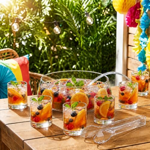 9-Piece Glass Punch Bowl Set with Ladle, Tongs, and 6 Serving Glasses