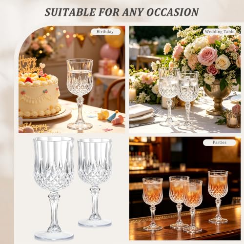 7oz Vintage Plastic Wine Glasses, Reusable Crystal Goblets - 24 Pack