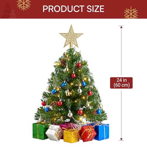 Mini Christmas Tree with Gift Box - Pre-Lit 24 Inch Holiday Decor with Ornaments & LED Lights