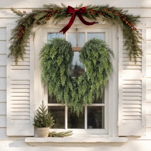 Artificial Heart-Shaped Cedar Wreath for Front Door Decoration - 21 Inch