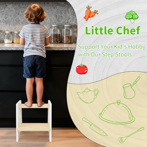 Wood City Toddler Step Stool - White & Natural Wooden 2-Step Bathroom & Kitchen Helper for Kids