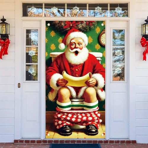Funny Santa Bathroom Door Cover 71 x 35 in—Naughty List Scroll Christmas Banner for Xmas Party
