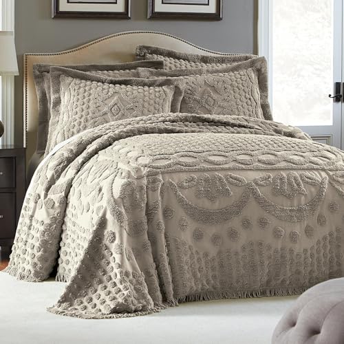 King Chenille Bedspread - Sage Medallion Pattern, Ultra-Soft Cotton