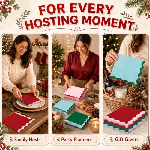 Whaline Christmas 100Pcs Scalloped Paper Napkins - Red, Green, Pink, Blue