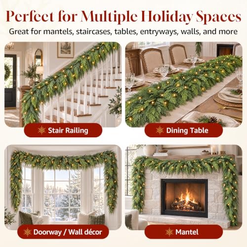 AUMERUNE 9FT Christmas Garland with Lights - Realistic Cedar, Full & Lush, Remote Control Modes