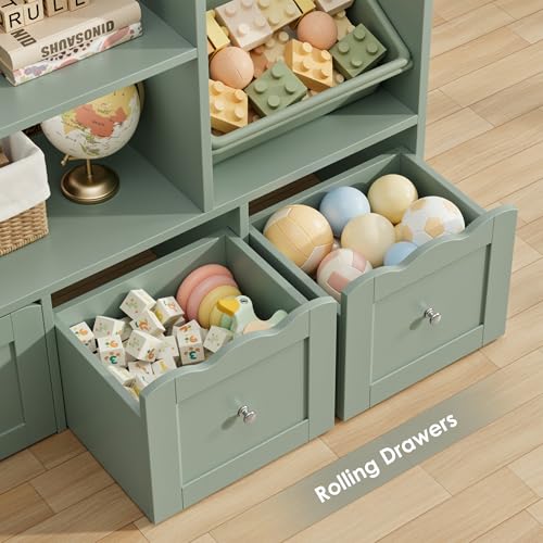 55-inch Kids Toy Storage Organizer with 10 Bins and Bookshelf, Green