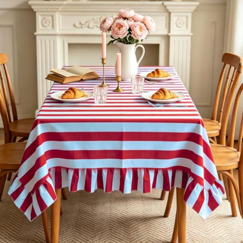 JarThenaAMCS Ruffled Striped Tablecloth 60 x 120 in - Blue Burgundy (Blue Burgundy / 120" x 60")
