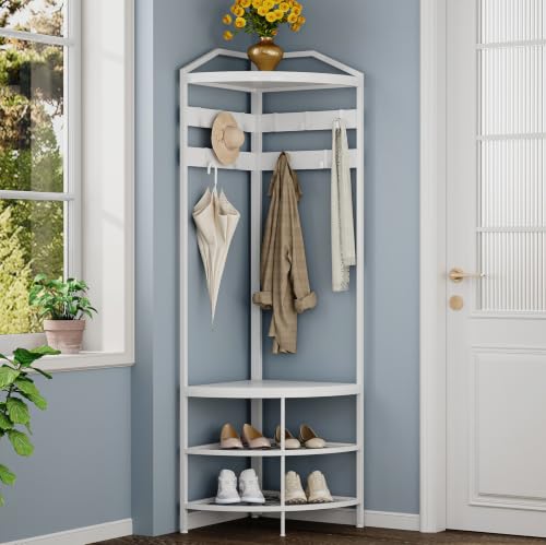 Corner Hall Tree with Shoe Bench and 10 Hooks - Freestanding Entryway Organizer