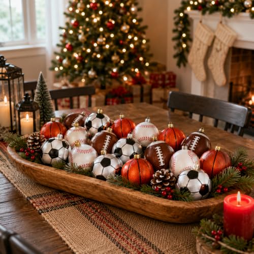 Syhood 64 Pcs Christmas Ball Ornaments with Hanging Loop – Football, Basketball, Rugby & Baseball Shapes