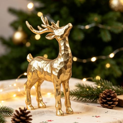 Gold Resin Reindeer Figurines Set of 2 Christmas Tabletop Decor