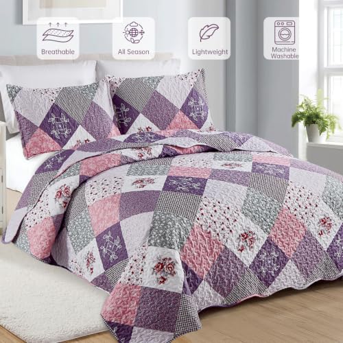 Dinjoy Purple Patchwork Quilt Set Queen - 3 Piece Microfiber Bedspread
