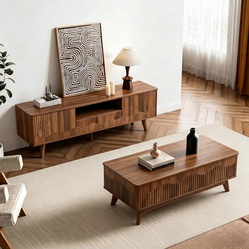 Fluted Wave TV Stand and Lift-Top Coffee Table Set, Walnut Brown