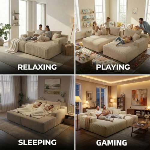 Oversized Modular Corduroy Loveseat Chaise Lounge with 4 Pillows