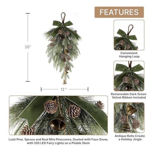 18-Inch Winter Front Door Swag with Bells, Pinecones, and Velvet Ribbon
