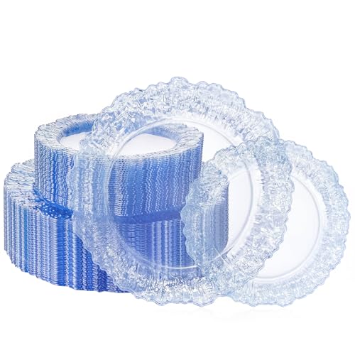 Blue Disposable Plastic Plates Set 60 Pcs - Clear Blue Water Ripple Design, 10