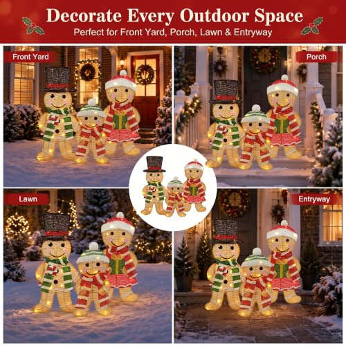 Lighted 3-Piece Gingerbread Family Yard Decor - 28in 45 LED Seasonal Outdoor Decorations