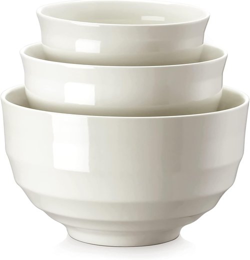 DOWAN Ceramic Mixing Bowls Set - Sturdy & Space-Saving | Microwave & Dishwasher Safe | 3.5/1.9/1.2 Qt, Creme White