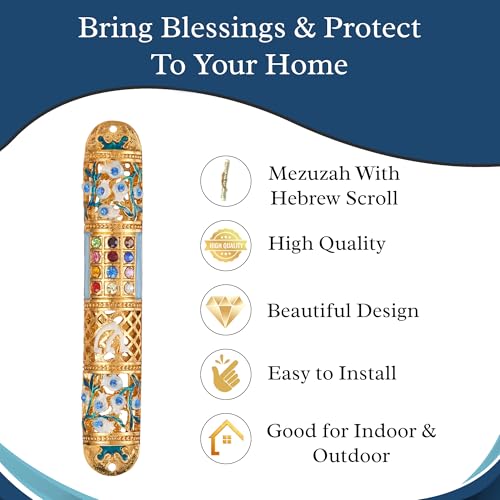 Decorative Enamel Mezuzah Case with Crystals and Gold Accents