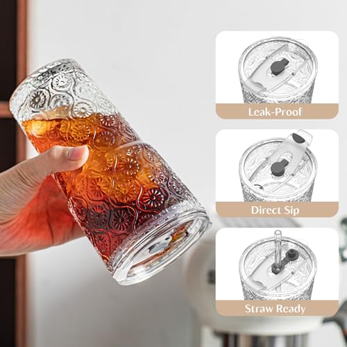20 oz Begonia Flower Glass Tumbler Set with Lids and Straws - 6 Pack
