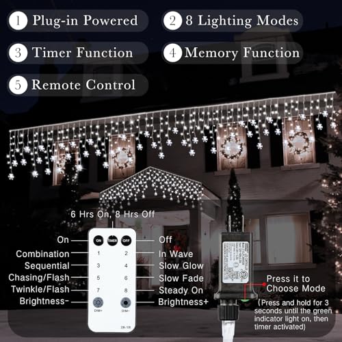 Aurelema White Christmas Snowflake Icicle Lights 33ft Outdoor Indoor with Remote
