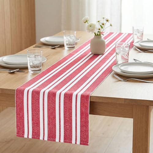 PurpleEssences Red & White Double Stripe Ribbed Cotton Table Runner 14x72