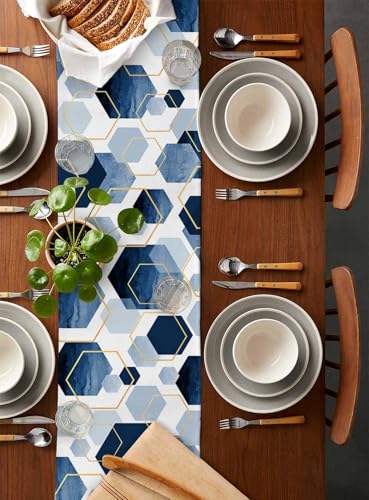 Onekaccu 13 x 48 Inch Navy Blue Geometric Table Runner - Washable Farmhouse Decor