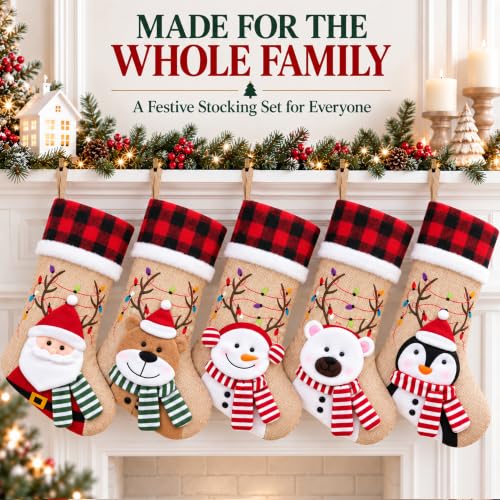 Elegantpark 5 Pack Rustic Christmas Stockings with 3D Holiday Characters - Burlap Buffalo Plaid, Large 20 Inch