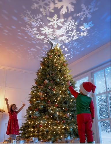 Lighted Christmas Tree Topper - 3D Silver Star with LED Snowflake Projector