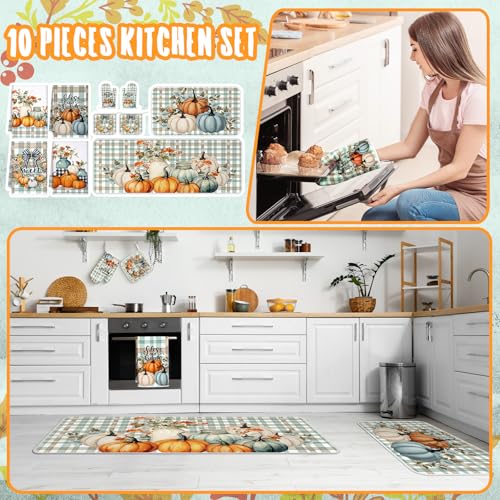 10-Piece Pumpkin Kitchen Decor Set - Autumn Dish Towels, Mats, and Oven Mitts