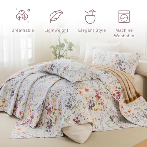 QSH 100% Cotton Oversized King Floral Quilt Bedspread Set, 3-Piece