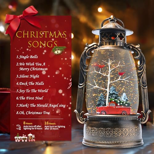 13.8-Inch Lighted Cardinal Musical Christmas Snow Globe Lantern with Timer