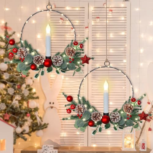 2Pack Christmas Wreath with LED Candle Lights Pine Cones Berries - Red & Green