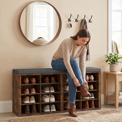 16-Cube Shoe Storage Bench with Washable Cushion, Entryway Shoe Organizer