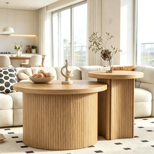 Round Nesting Coffee Table Set of 2, Rustic Wood Finish Stackable Side Tables