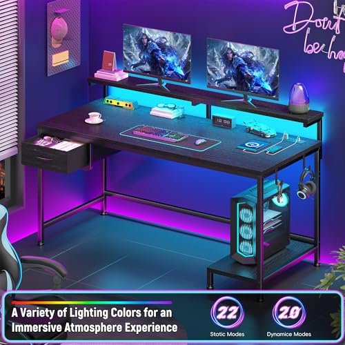 39-Inch Gaming Desk with LED Lights, Power Outlets, and Monitor Stand