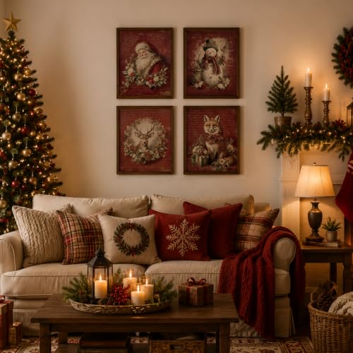 WEFKODO Vintage Christmas Wall Art Set - 4 Unframed Holiday Prints, Santa & Winter Scenes, White Christmas 13