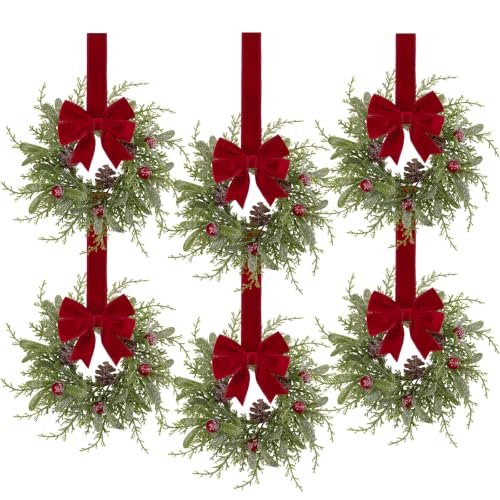 U'Artlines 6 Pcs Mini Christmas Wreaths for Kitchen Cabinets, Green Mistletoe Variant