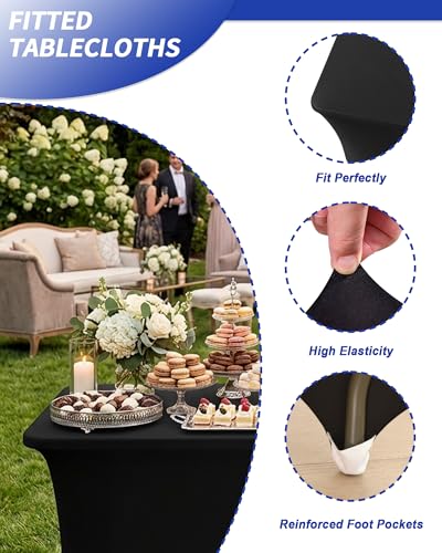 2 Pack 6ft Rectangular Spandex Fitted Tablecloth, Black Stretch Table Cover