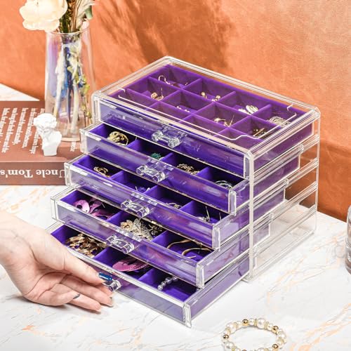 Purple Earring Holder Organizer Jewelry Box with 5 Removable Velvet Trays - Stackable, Compact Storage