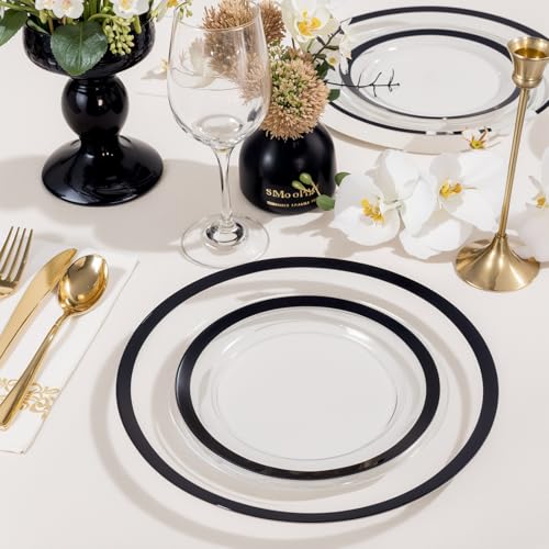 120PCS Clear & Black Rim Disposable Plastic Plates Set - Heavy Duty, Elegant Design for Events