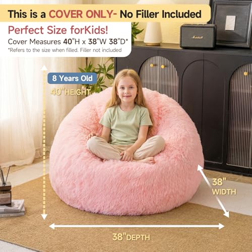 Pink Faux Fur Bean Bag Chair Cover - Plush Shaggy Storage Bean Bag