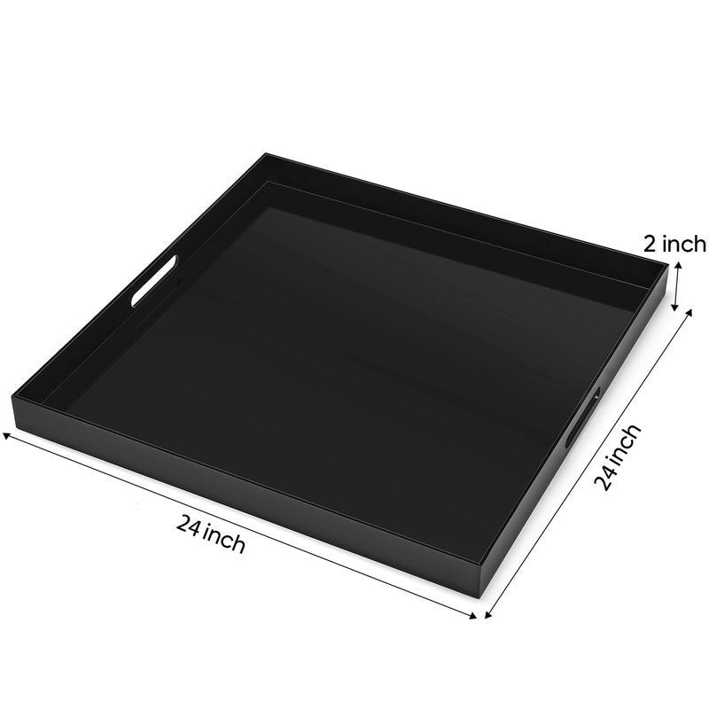 24×24 inches Oversized Black Acrylic Ottoman Tray Extra Large Decorative Tray Spill-Proof Serving Trays with Handles King-Size Safe Edge Organizer for Coffee Table Countertop Breakfast