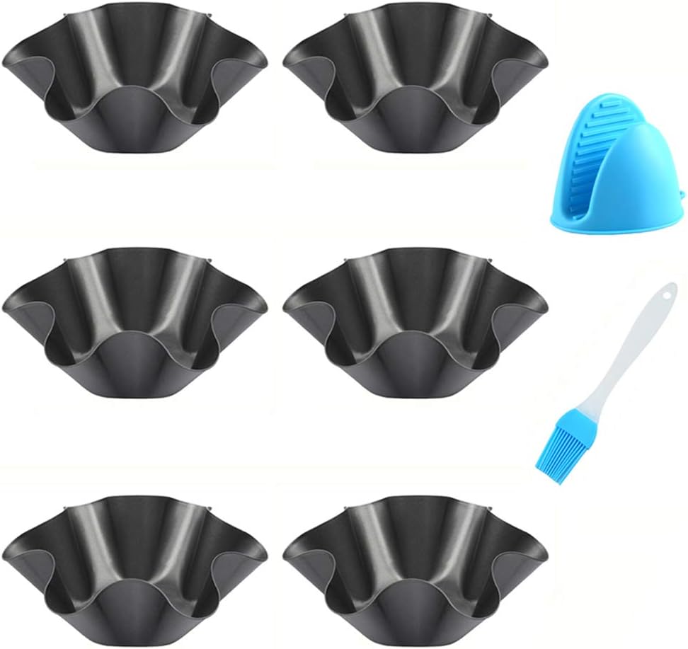 Skiennix Tortilla Pan Set - 6-Pack Carbon Steel Non-Stick Taco Shell Makers | Black Baking Pans with Silicone Potholder & Basting Brush